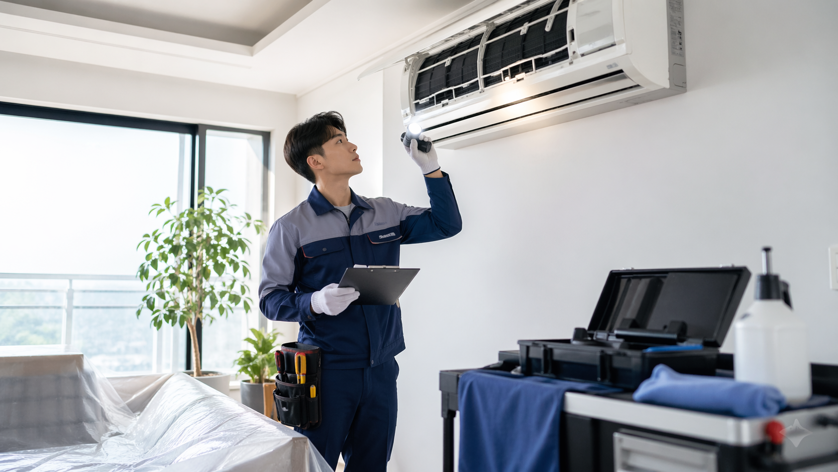 에어컨 세척 후 점검하는 작업자